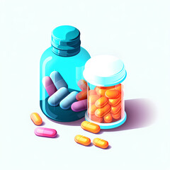 Containers with pills, realistic 3D illustration, isometric style, isolated
