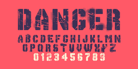 Vintage grunge alphabet design. Modern stylized font and number