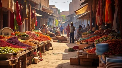 Lively, street market, colorful, cultural, fabrics, textiles, diverse, patterns, textures, bustling stalls. Generated by AI.
