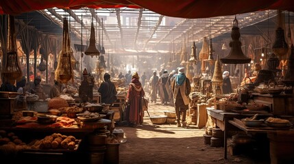 Bustling, vendors, aromatic, spices, marketplace, vibrant, colorful, fragrant, variety, culinary delights. Generated by AI.