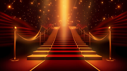 Red carpet on the stairs on dark background, the way to glory, victory and success