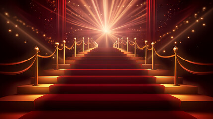 Red carpet on the stairs on dark background, the way to glory, victory and success