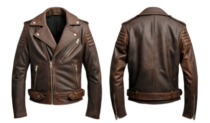 Men's brown leather jacket showcasing front and back views mock-up, cut out