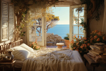 a bedroom with a view of the ocean in the morning, traditional Mediterranean seaside cottage interior - obrazy, fototapety, plakaty