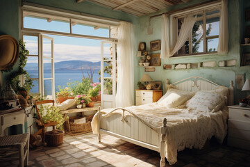 a bedroom with a view of the ocean in the morning, traditional Mediterranean seaside cottage interior