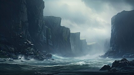 Tempestuous sea, crashing waves, formidable cliffs, raging, raw power, intensity, dramatic display. Generated by AI.
