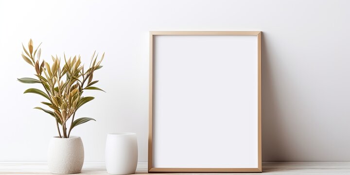 Feminine space with plants at home or studio, with white wooden background and frame.