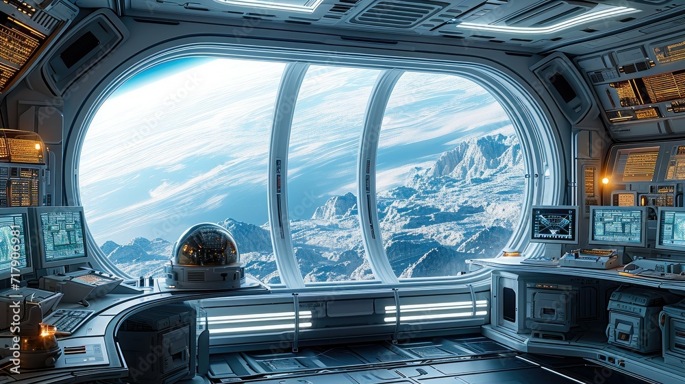 Poster Looking outside my space station computer workstation. Generative AI.