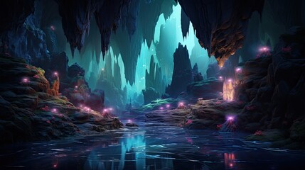 Secretive cave housing radiant crystals and hidden underground lakes. Mystical ambiance, gleaming gemstones, concealed chambers, subterranean mysteries. Generated by AI. - obrazy, fototapety, plakaty
