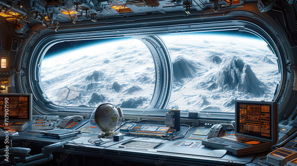Poster looking outside my space station computer workstation. generative ai.
