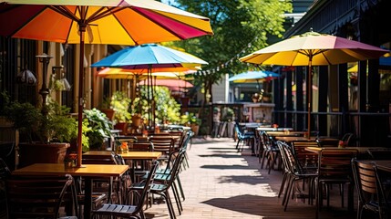 Tranquil sunlit caf&eacute; with picturesque outdoor seating and colorful umbrellas. Quaint environment, al fresco tranquility, vibrant parasols. Generated by AI.