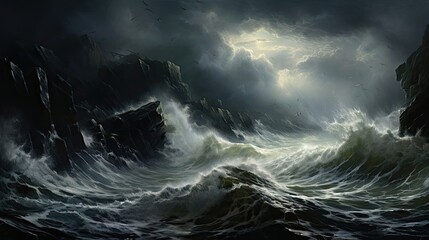 Tempestuous sea, crashing waves, formidable cliffs, raging, raw power, intensity, dramatic display. Generated by AI.