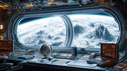 Fototapeta premium Looking outside my space station computer workstation. Generative AI.