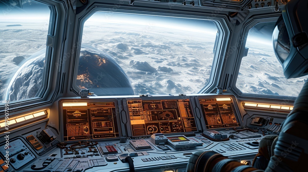 Aufkleber looking outside my space station computer workstation. generative ai.