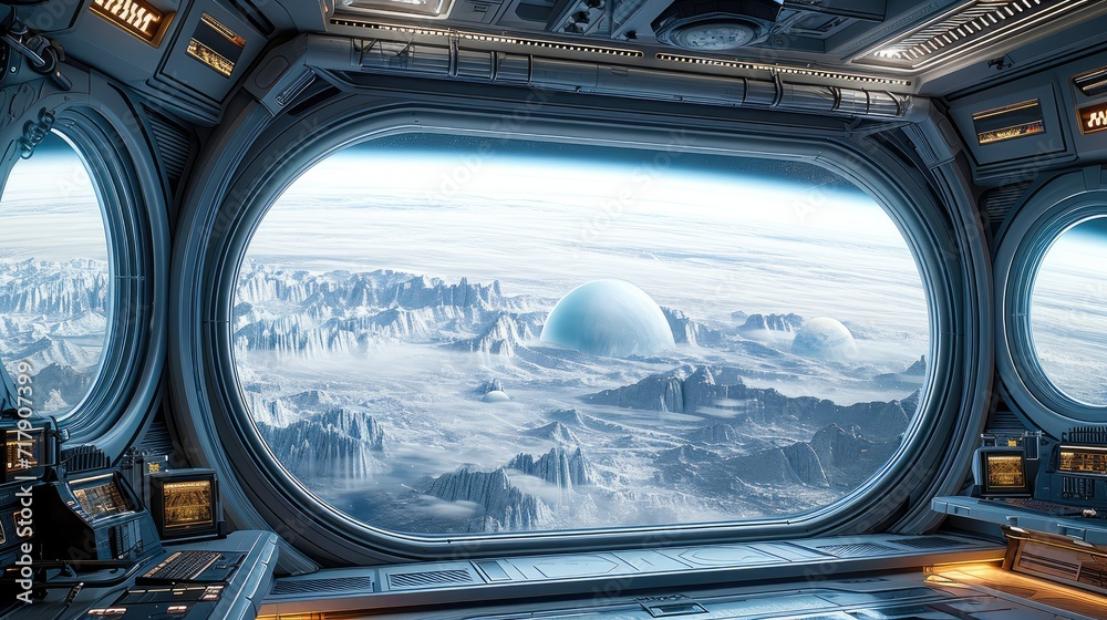 Poster Looking outside my space station computer workstation. Generative AI.
