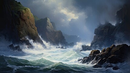 Tumultuous, stormy waves, rugged cliffs, crashing, fierce power, drama, tempestuous sea. Generated by AI.