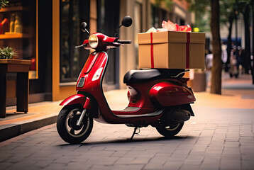red scooter with big present package box parked in the street created with Generative AI technology
