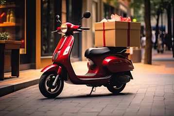 Rollo red scooter with big present package box parked in the street created with Generative AI technology © Edi