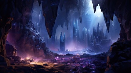 Hidden cavern illuminated by glowing crystals in assorted hues. Enigmatic allure, radiant gemstones, concealed chambers, subterranean magic. Generated by AI. - obrazy, fototapety, plakaty