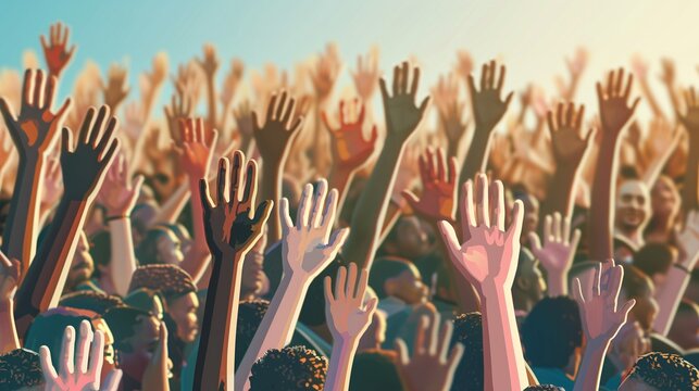 Raised Hands in Unity: Illustrate  a sea of protestors raising their hands in unity. Capture the diversity of the crowd,