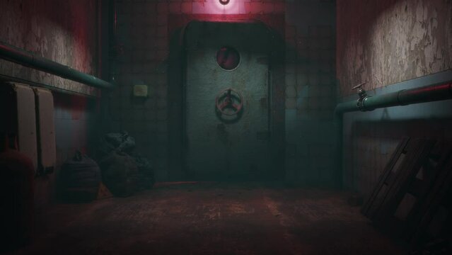 CGI render of heavy metal door opening in scary abandoned bunker corridor. Dark atmosphere. Volumetric light. Abandoned lab. Haunted place.