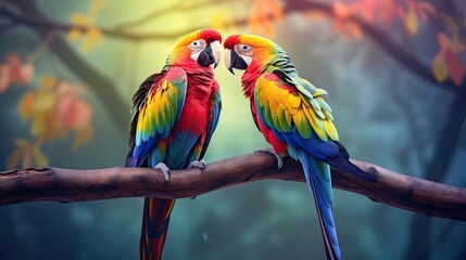 Brightly colored parrots gracefully perched on a tree branch. Exquisite plumage, tropical avian companions, vibrant rest. Generated by AI.