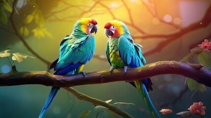 Colorful parrots sitting elegantly on a tree branch. Brilliant feathers, tropical avian companions, vibrant perching. Generated by AI.