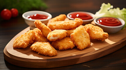 Chicken nuggets with ketchup sauce on wooden