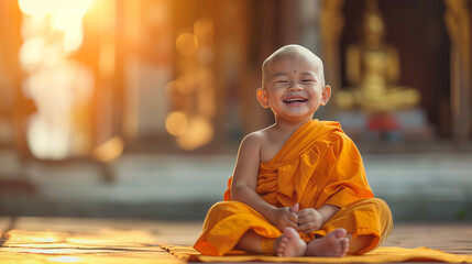 Criança monge meditando e rindo  - obrazy, fototapety, plakaty