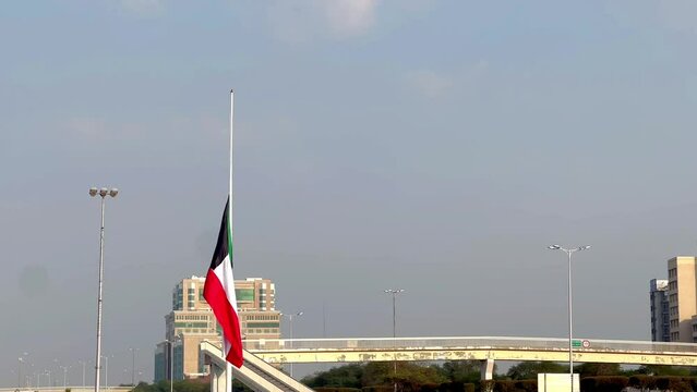 The flag of Kuwait is Half-mast  Because of the death of Prince Nawaf Al-Ahmad, may God have mercy on him. The filming was done in 19-12-2023 
