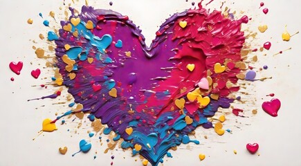 Colorful splashes of paint in the shape of a heart on a white background