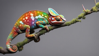 Multi-colored chameleon on gray background