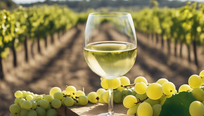 Wine glass among rows of vineyards for food and drinks