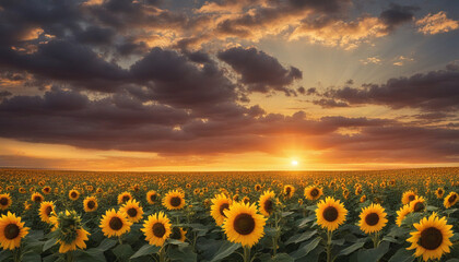 Blooming yellow sunflowers field in summer countryside during sunset
