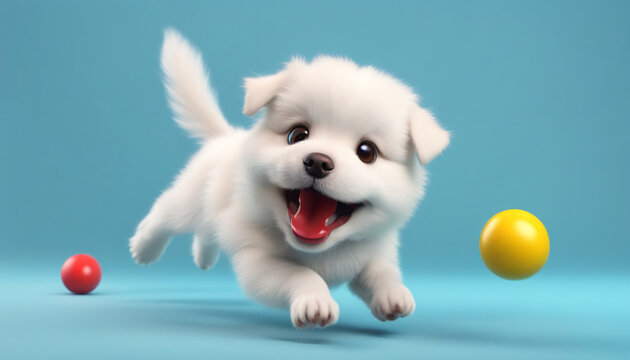 Сute white puppy chasing a ball on a blue background