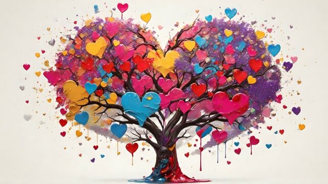 Valentine's Day tree with colorful hearts on white background.