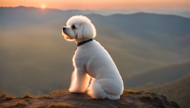 Bichon Frize dog looking at the horizon in a sunset in the mountains