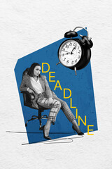 Vertical creative collage picture illustration monochrome effect serious unhappy sadness young woman deadline clock banner