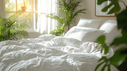 Close up of bed with white bedding, pillow and duvet against home greenery. Interior design of modern bedroom. Generative AI.