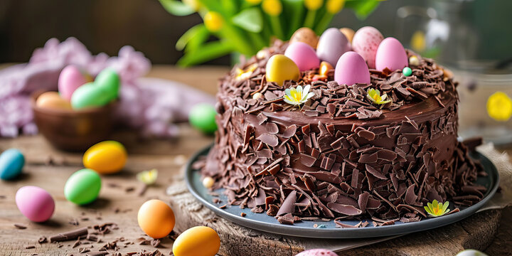delicious a chocolate Easter cake with chocolate shavings and Easter eggs on top