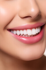 Close-up portrait of beautiful smiling young woman with healthy teeth.