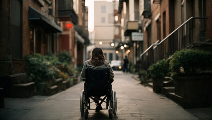 Alone woman sitting in wheelchair out on city street