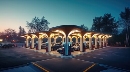 An EV specific gas station filled with DC fast chargers. Generative AI.
