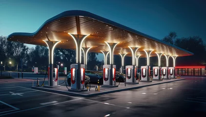 Tuinposter An EV specific gas station filled with DC fast chargers. Generative AI. © visoot