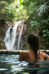 Fototapeta premium A Magical Image of a Woman Bathing Under the Mesmerizing Veil of a Waterfall