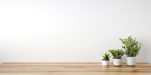 Product display setup with empty wooden table top on white background