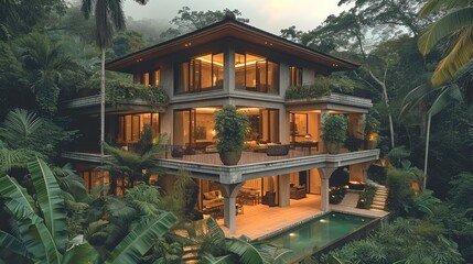 The house overlooks a ravine filled and jungle like foliage. Generative AI. - Powered by Adobe