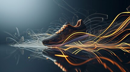 Modern Running Shoe Amidst Artistic Presentation with Flowing Light Trails on Dark Background