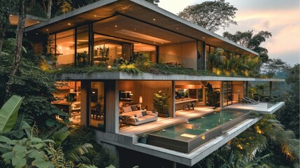 The house overlooks a ravine filled and junglelike foliage. Generative AI.