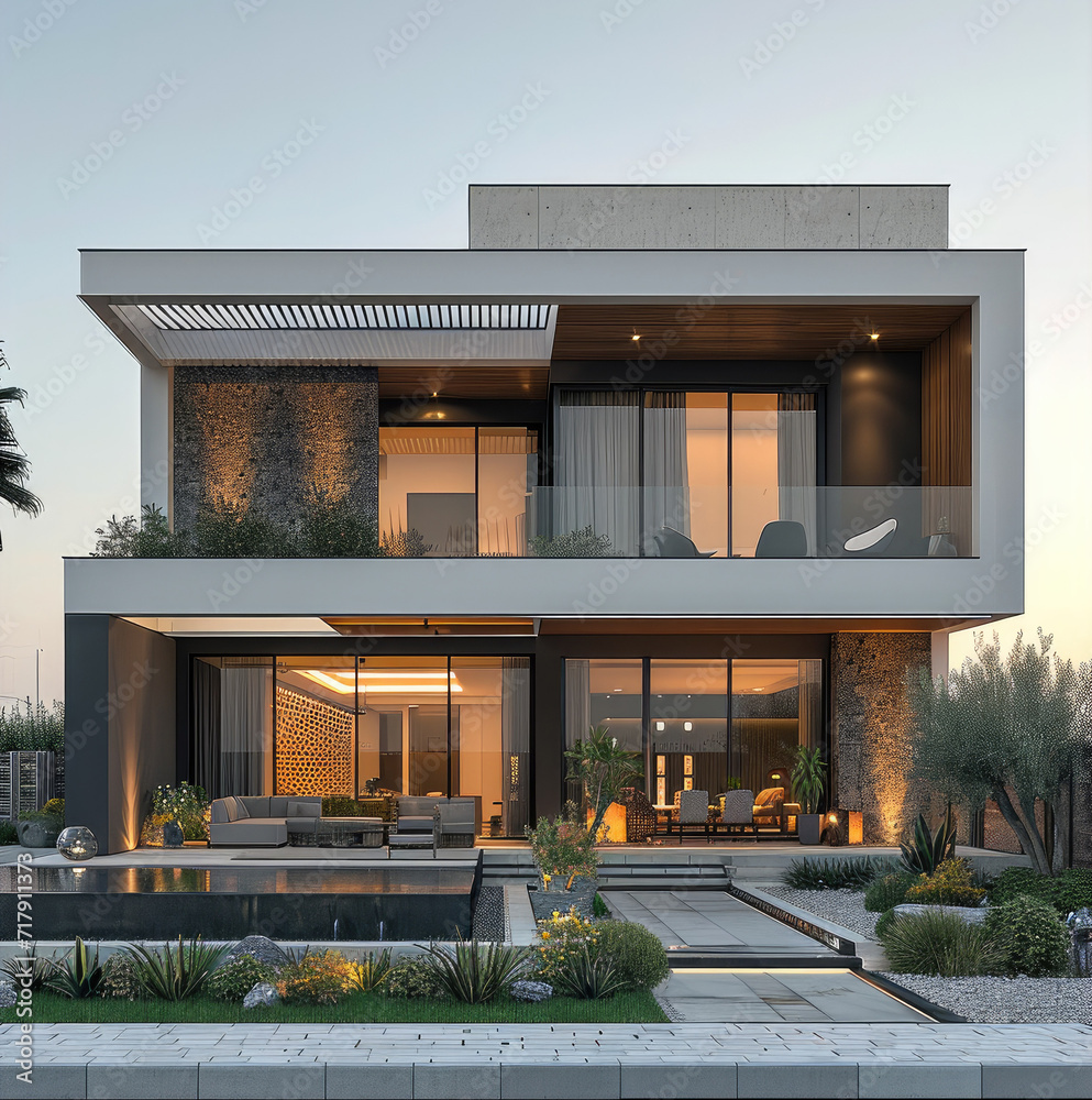 Poster The design of a two story villa with a modern architecture. Generative AI.